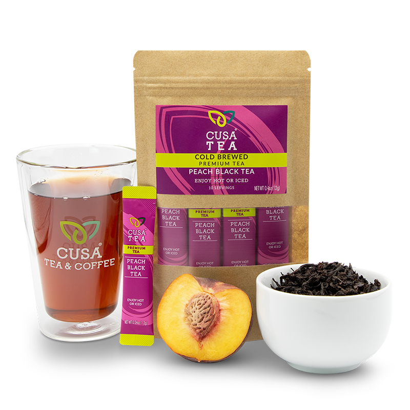 Cusa Tea & Coffee | Premium Instant Peach Black Tea with Real Fruit & Spices | Organic Leaves Drink Mix Packets | Hot or Iced Tea (10 Single Servings)